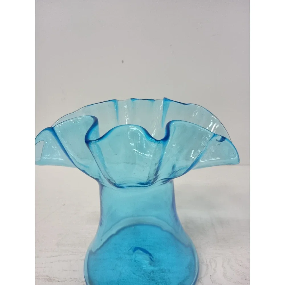 VTG Rainbow Kanawha Blue Glass Vase Ruffle Edge Hand Blown Mid Century Modern - Picture 2 of 10